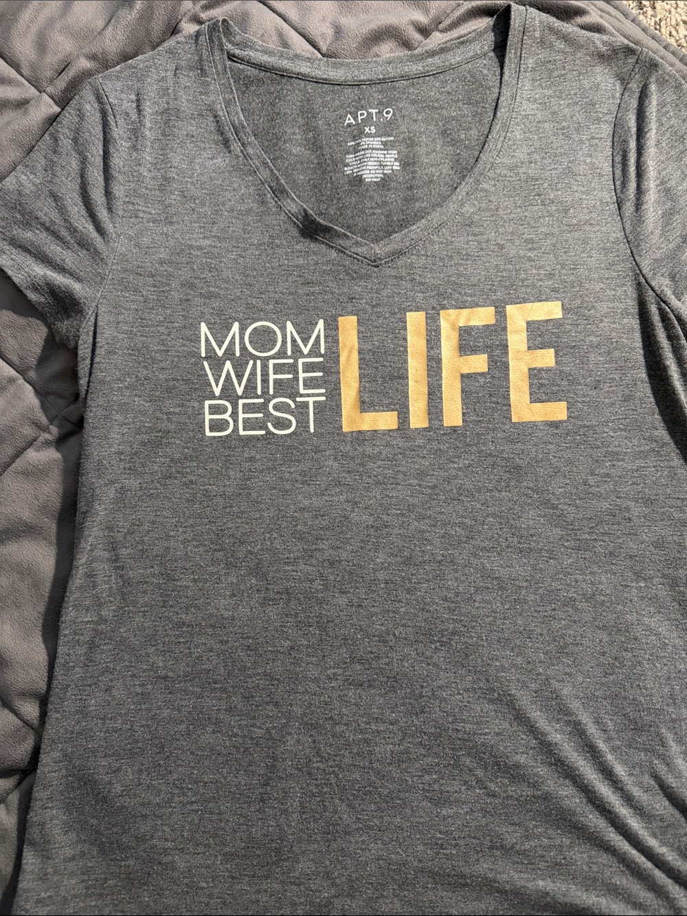 Apt. 9 Gray V-Neck Tee with Gold & White 'Mom Wife Best LIFE' Graphic